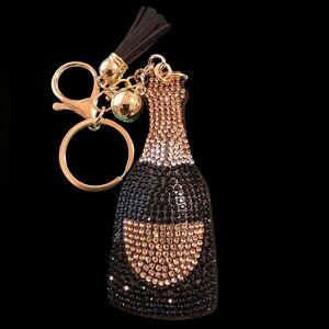 Elegant Black and Gold Champagne Bottle Bag Charm Keychain